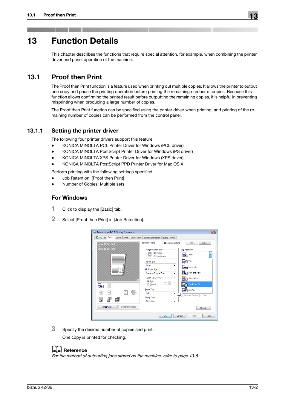 13 function details, 1 proof then print, 1 setting the printer driver | For windows, Function details, Proof then print -2, Setting the printer driver -2 for windows -2 | Konica Minolta bizhub 36 User Manual | Page 131 / 198