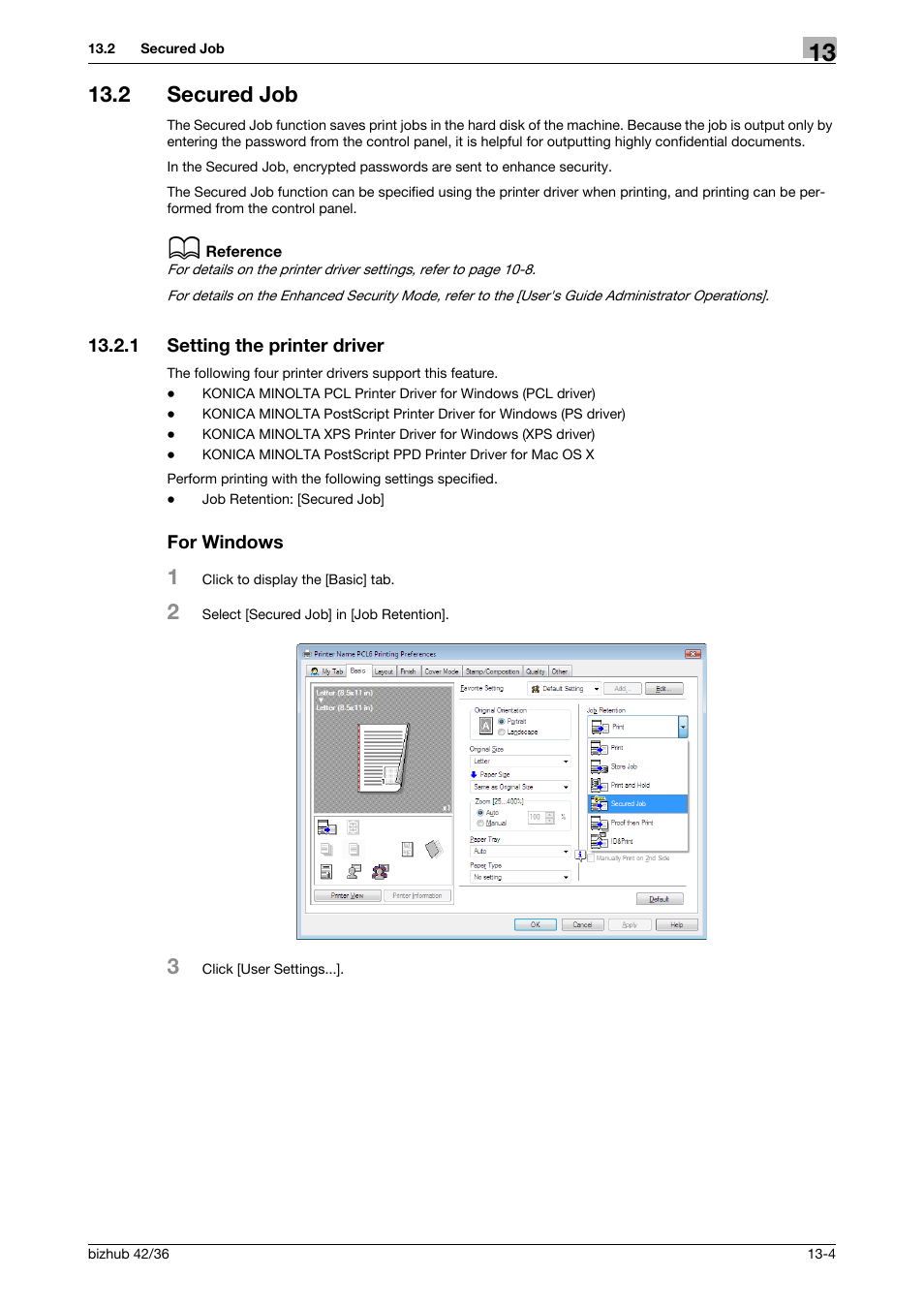 2 secured job, 1 setting the printer driver, For windows | Secured job -4, Setting the printer driver -4 for windows -4 | Konica Minolta bizhub 36 User Manual | Page 133 / 198