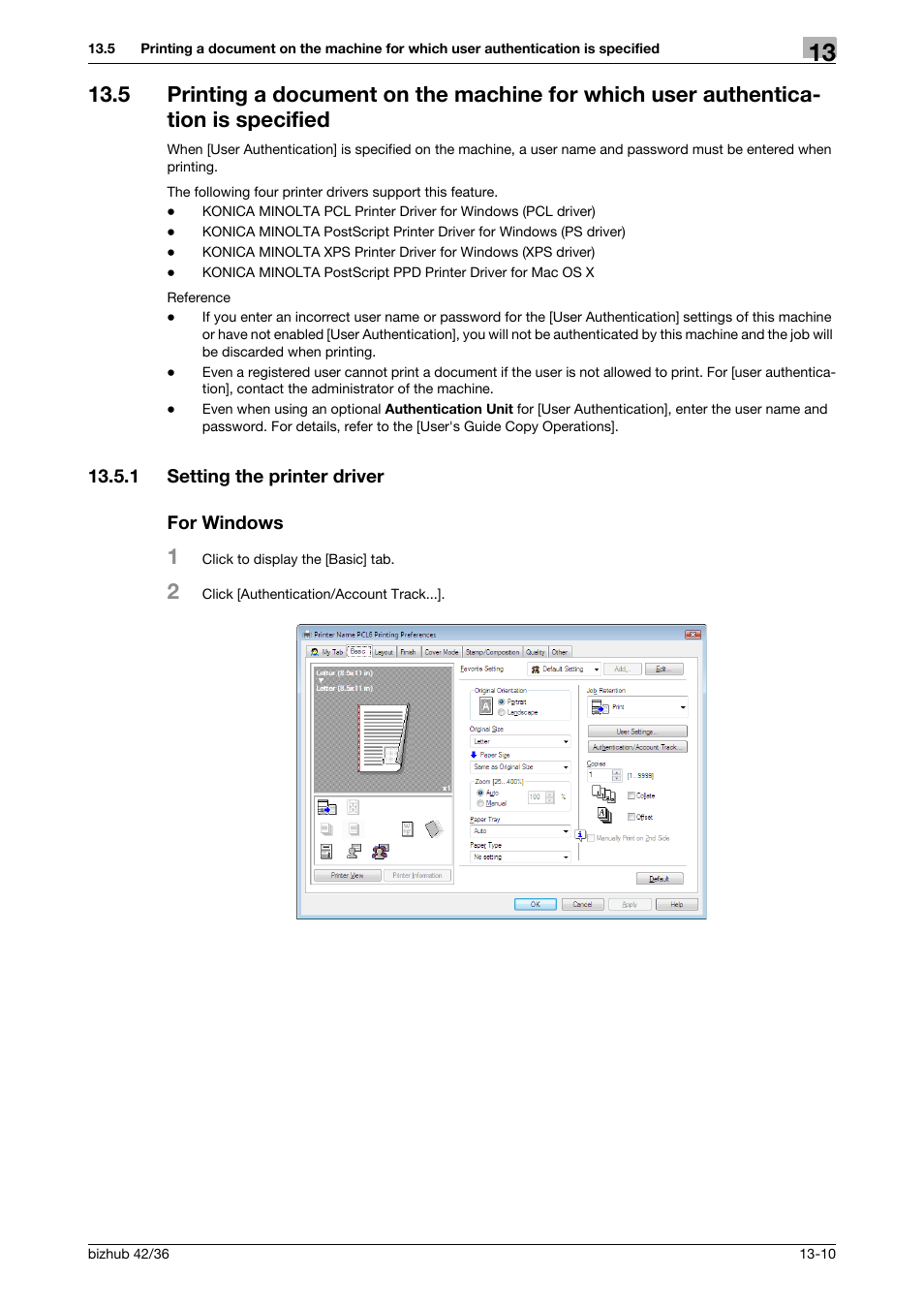 1 setting the printer driver, For windows, Setting the printer driver -10 for windows -10 | Konica Minolta bizhub 36 User Manual | Page 139 / 198