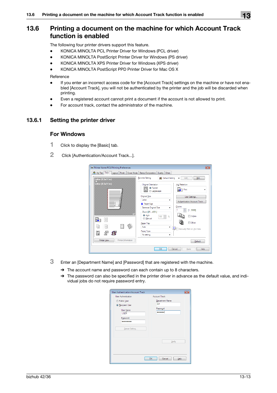 1 setting the printer driver, For windows, Setting the printer driver -13 for windows -13 | Konica Minolta bizhub 36 User Manual | Page 142 / 198