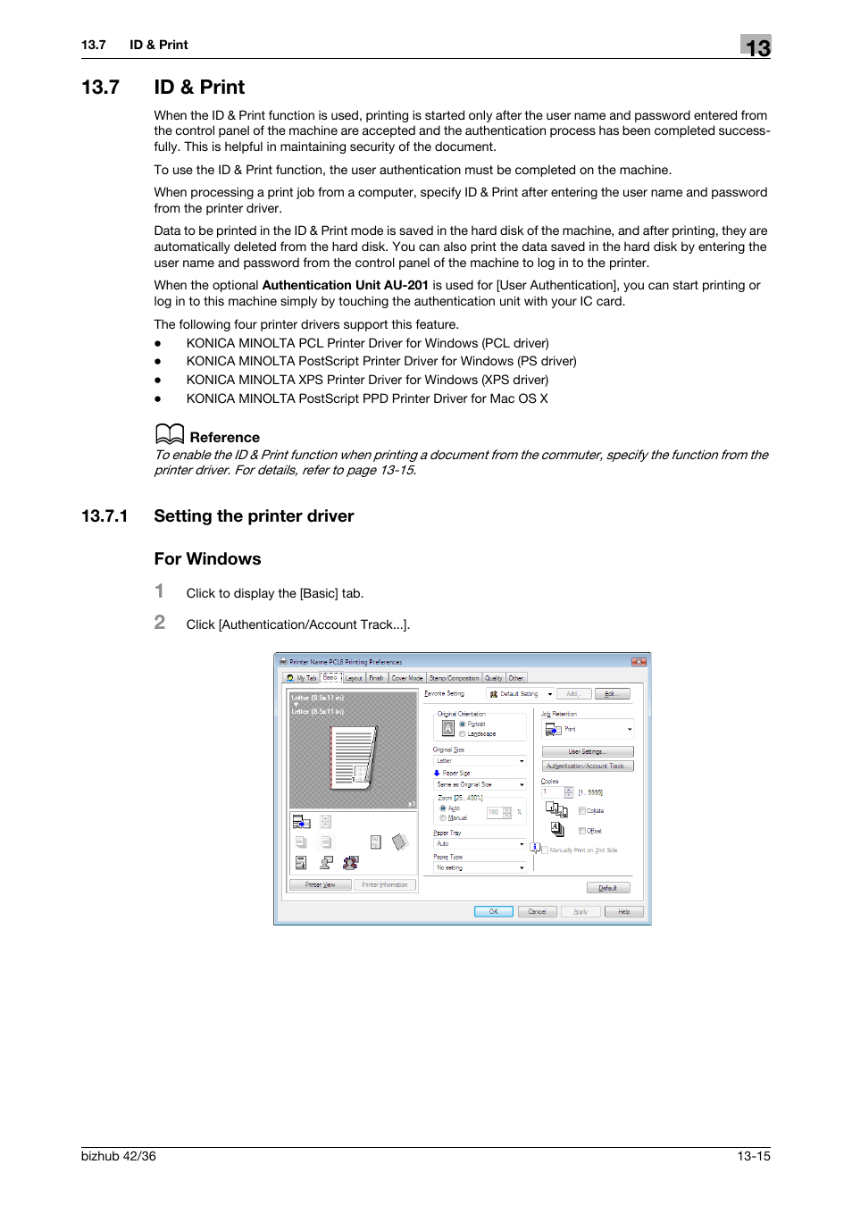 7 id & print, 1 setting the printer driver, For windows | Id & print -15, Setting the printer driver -15 for windows -15 | Konica Minolta bizhub 36 User Manual | Page 144 / 198