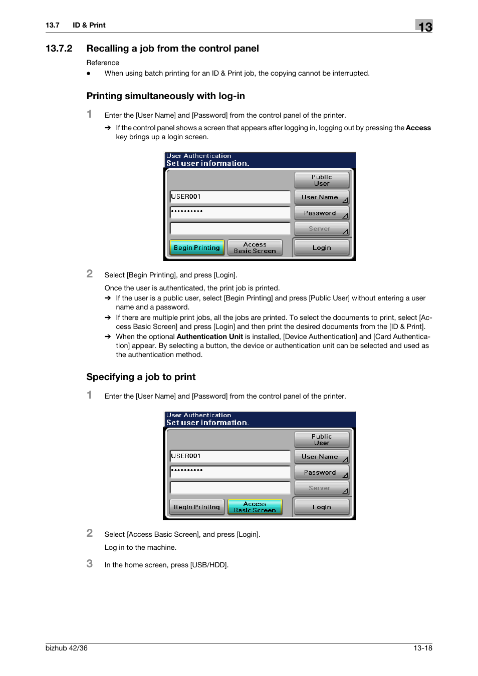 2 recalling a job from the control panel, Printing simultaneously with log-in, Specifying a job to print | Konica Minolta bizhub 36 User Manual | Page 147 / 198