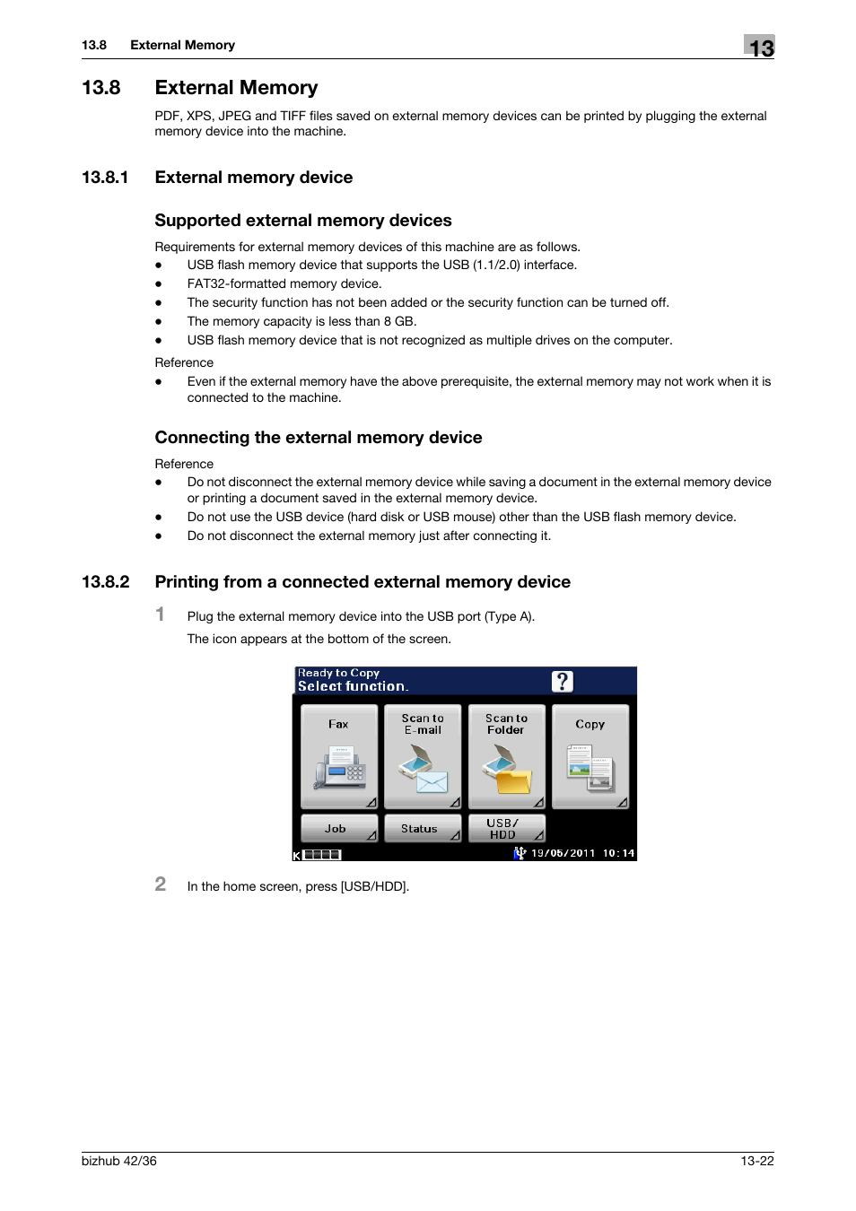 8 external memory, 1 external memory device, Supported external memory devices | Connecting the external memory device, 2 printing from a connected external memory device, External memory -22 | Konica Minolta bizhub 36 User Manual | Page 151 / 198