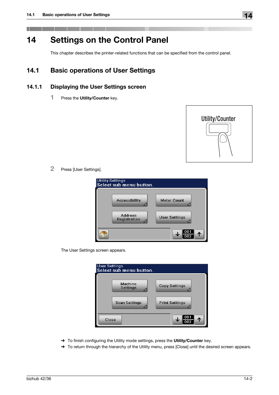 14 settings on the control panel, 1 basic operations of user settings, 1 displaying the user settings screen | Settings on the control panel, Basic operations of user settings -2, Displaying the user settings screen -2 | Konica Minolta bizhub 36 User Manual | Page 155 / 198