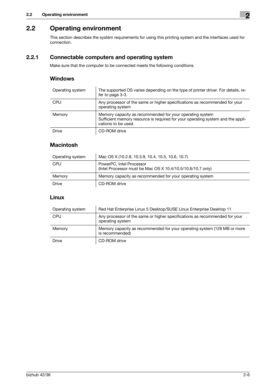 2 operating environment, 1 connectable computers and operating system, Windows | Macintosh, Linux, Operating environment -6, Windows macintosh linux | Konica Minolta bizhub 36 User Manual | Page 16 / 198