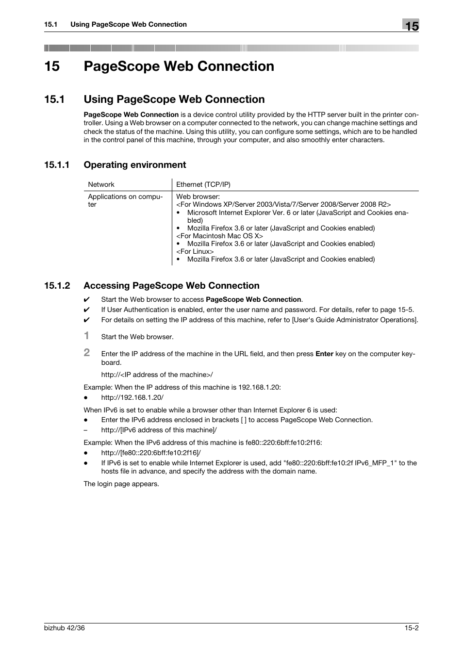 1 operating environment, Operating environment -2, 15 pagescope web connection | 1 using pagescope web connection | Konica Minolta bizhub 36 User Manual | Page 161 / 198