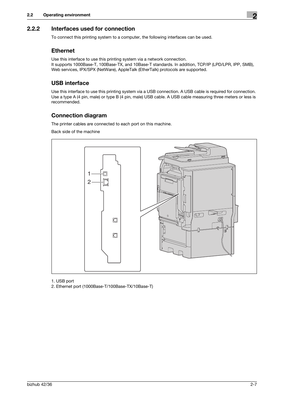 2 interfaces used for connection, Ethernet, Usb interface | Connection diagram | Konica Minolta bizhub 36 User Manual | Page 17 / 198