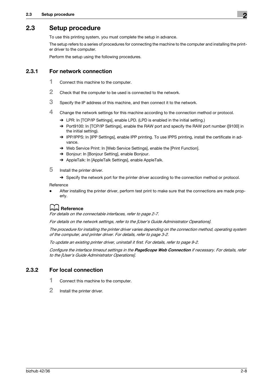 3 setup procedure, 1 for network connection, 2 for local connection | Setup procedure -8, For network connection -8, For local connection -8 | Konica Minolta bizhub 36 User Manual | Page 18 / 198