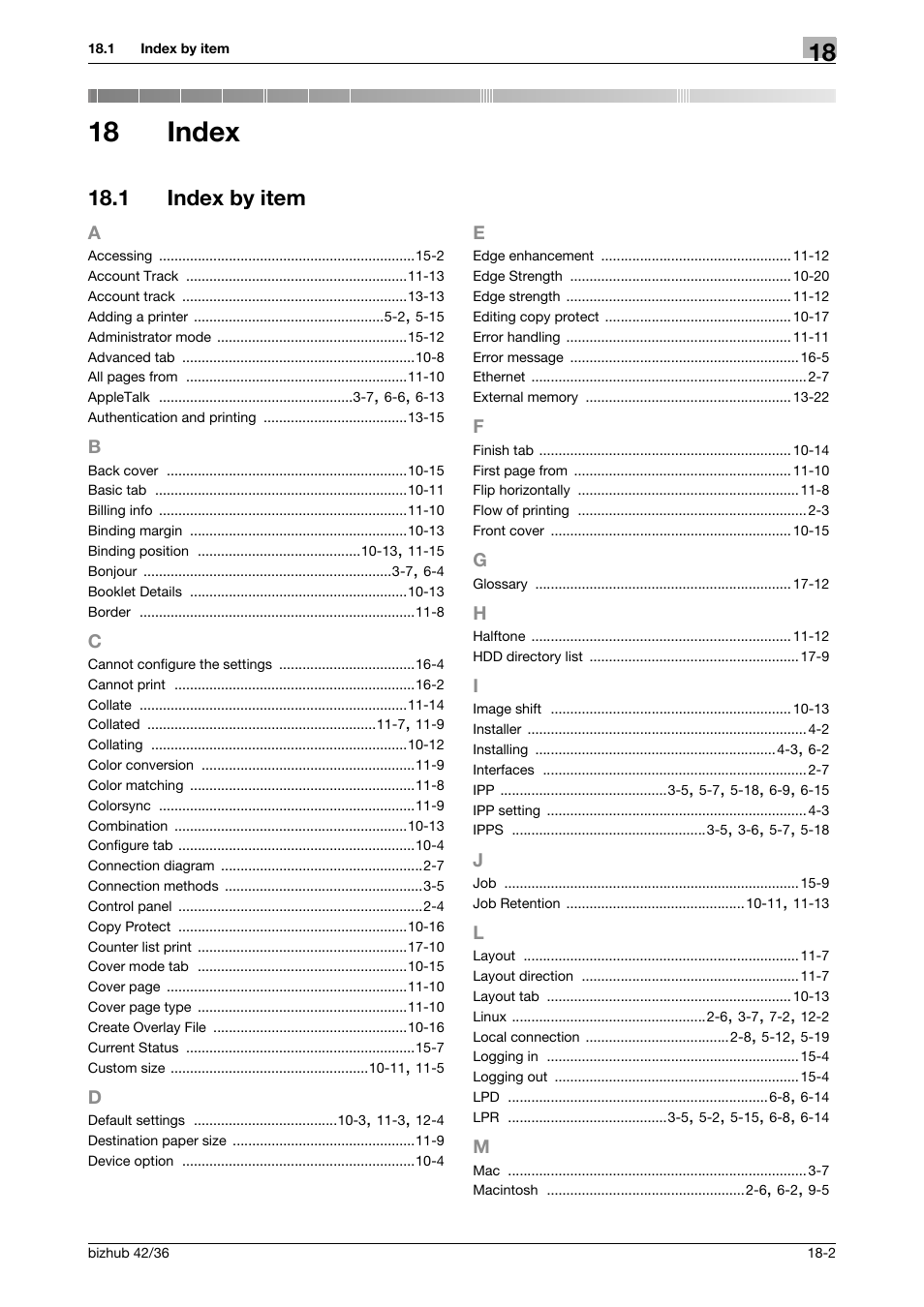 18 index, 1 index by item, Index | Index by item -2 | Konica Minolta bizhub 36 User Manual | Page 194 / 198