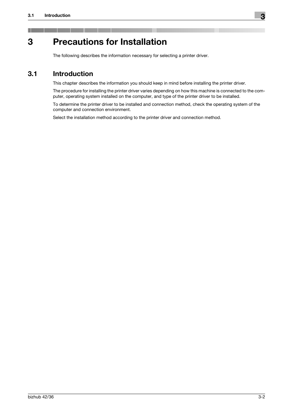 3 precautions for installation, 1 introduction, Precautions for installation | Introduction -2, 3precautions for installation | Konica Minolta bizhub 36 User Manual | Page 20 / 198