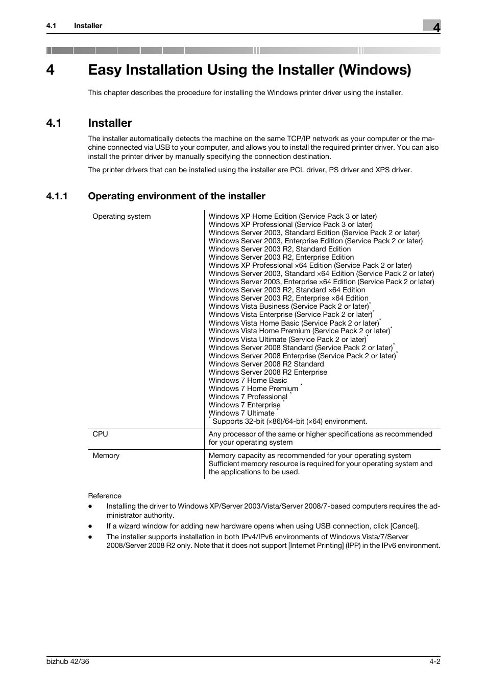 4 easy installation using the installer (windows), 1 installer, 1 operating environment of the installer | Easy installation using the installer (windows), Installer -2, Operating environment of the installer -2, P. 4-2, 4easy installation using the installer (windows) | Konica Minolta bizhub 36 User Manual | Page 27 / 198