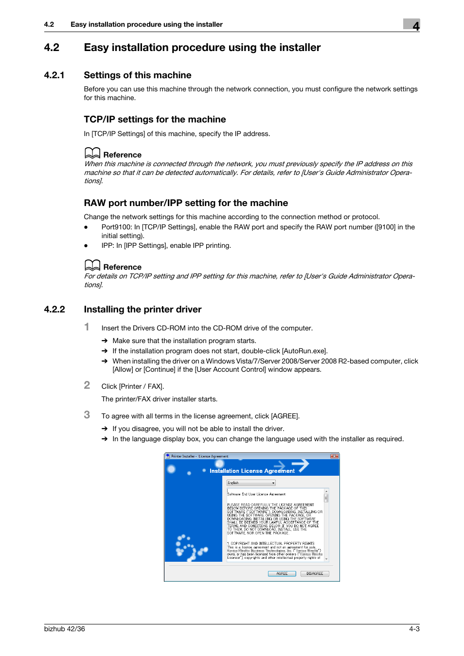 2 easy installation procedure using the installer, 1 settings of this machine, Tcp/ip settings for the machine | Raw port number/ipp setting for the machine, 2 installing the printer driver, Easy installation procedure using the installer -3, Installing the printer driver -3 | Konica Minolta bizhub 36 User Manual | Page 28 / 198