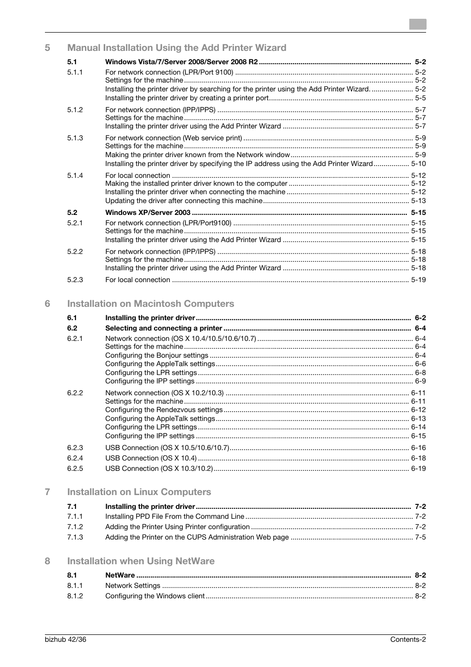 5manual installation using the add printer wizard, 6installation on macintosh computers, 7installation on linux computers | 8installation when using netware | Konica Minolta bizhub 36 User Manual | Page 3 / 198