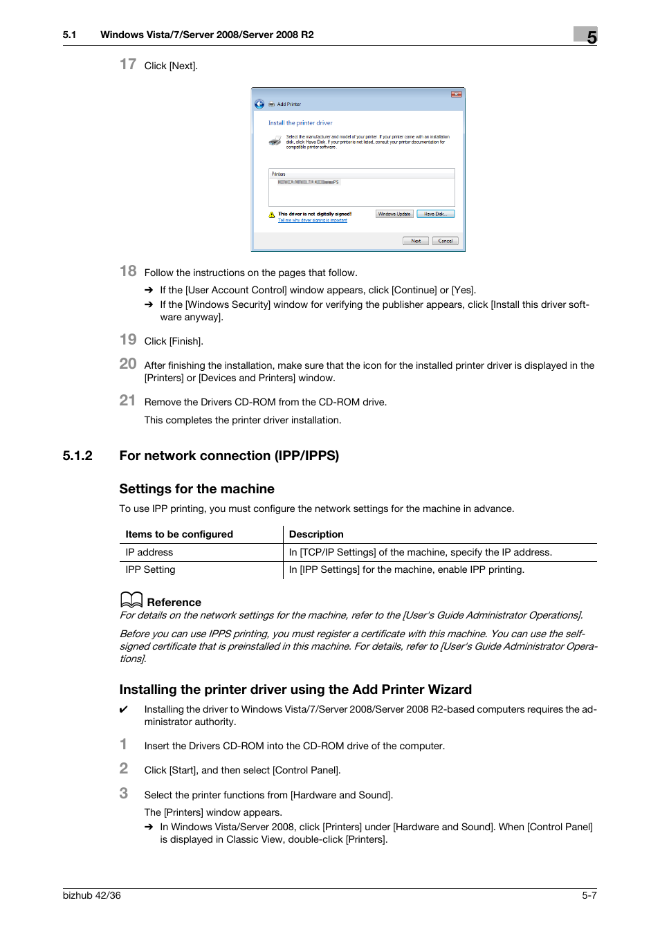 2 for network connection (ipp/ipps), Settings for the machine | Konica Minolta bizhub 36 User Manual | Page 39 / 198