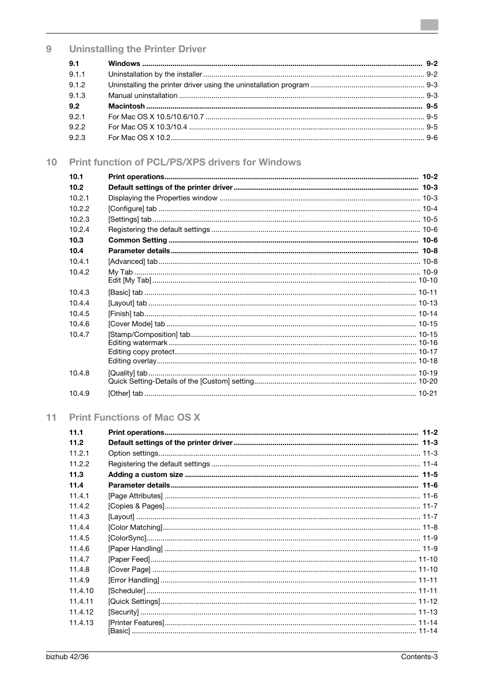 9uninstalling the printer driver, 11 print functions of mac os x | Konica Minolta bizhub 36 User Manual | Page 4 / 198