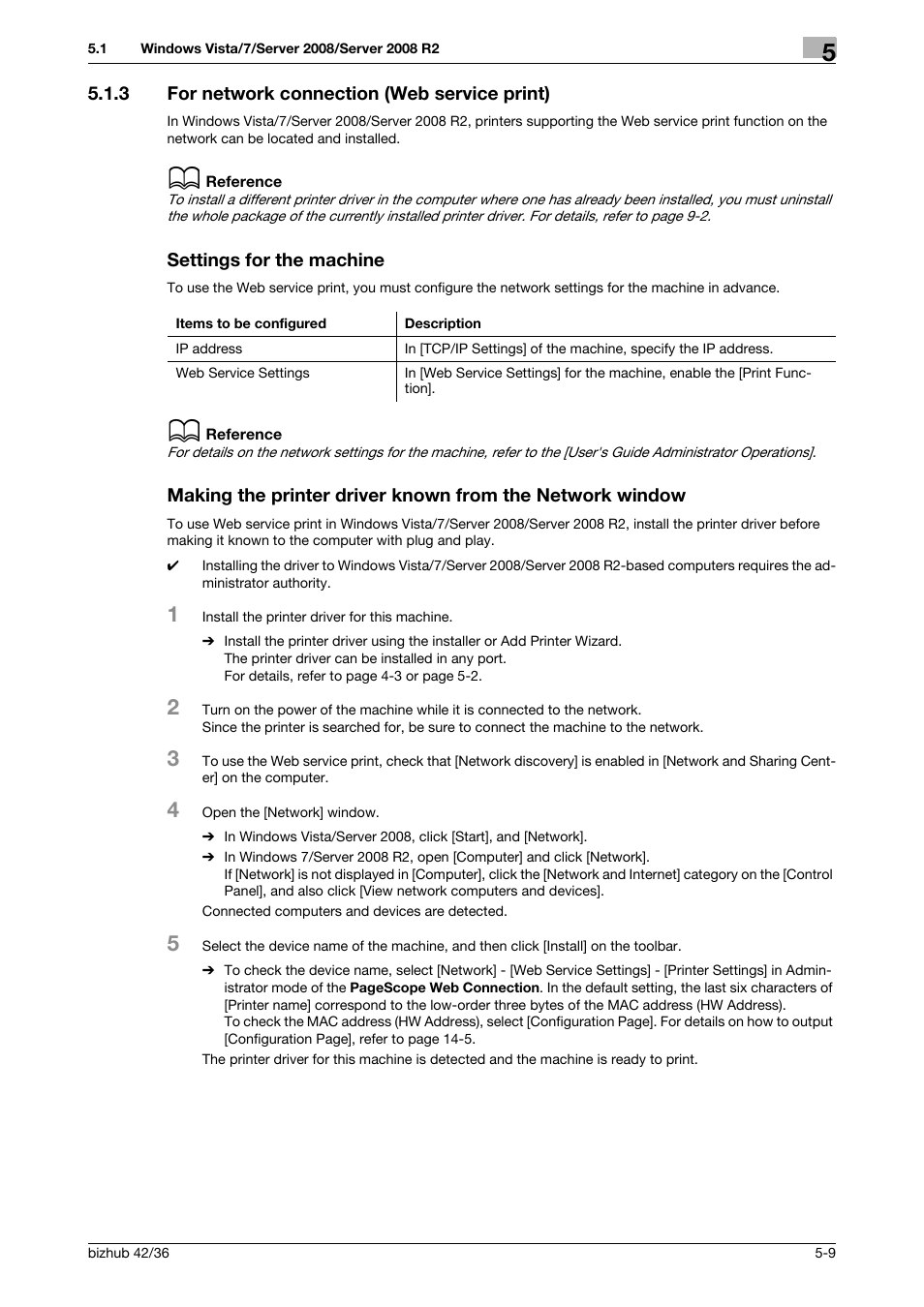 3 for network connection (web service print), Settings for the machine | Konica Minolta bizhub 36 User Manual | Page 41 / 198