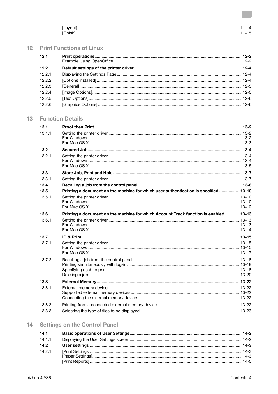 12 print functions of linux, 13 function details, 14 settings on the control panel | Konica Minolta bizhub 36 User Manual | Page 5 / 198