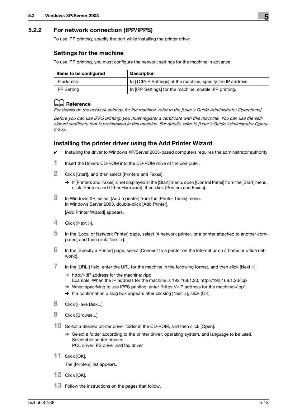 2 for network connection (ipp/ipps), Settings for the machine | Konica Minolta bizhub 36 User Manual | Page 50 / 198