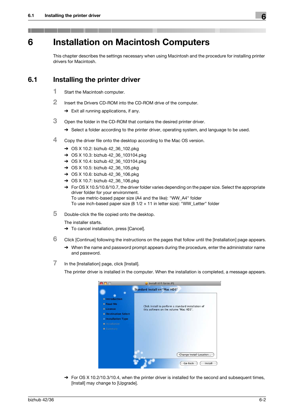 6 installation on macintosh computers, 1 installing the printer driver, Installation on macintosh computers | Installing the printer driver -2, 6installation on macintosh computers, 1 installing the printer driver 1 | Konica Minolta bizhub 36 User Manual | Page 53 / 198