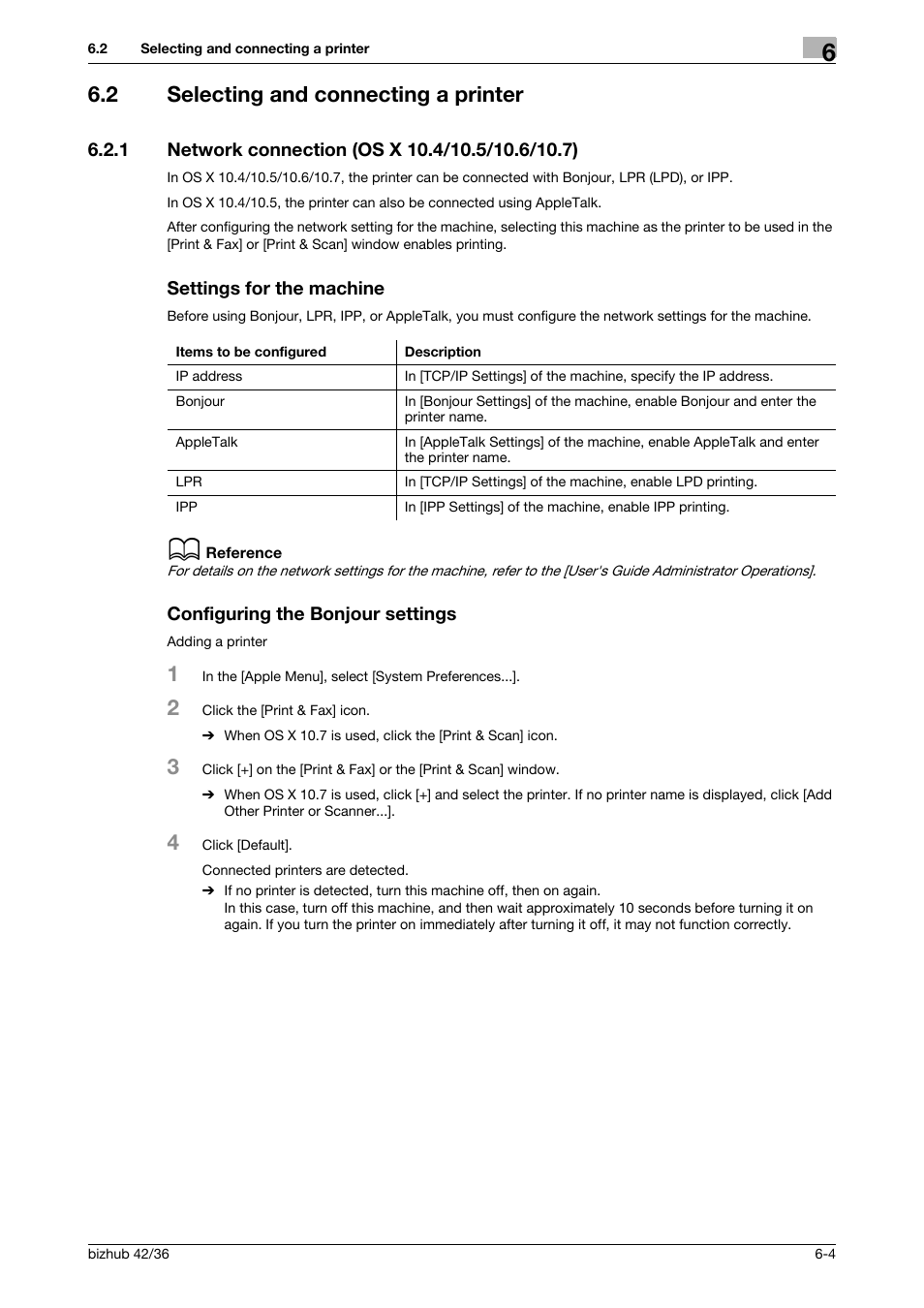 2 selecting and connecting a printer, 1 network connection (os x 10.4/10.5/10.6/10.7), Settings for the machine | Configuring the bonjour settings, Selecting and connecting a printer -4 | Konica Minolta bizhub 36 User Manual | Page 55 / 198