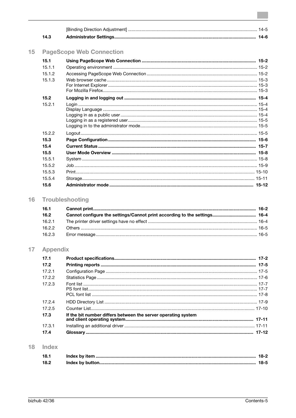 15 pagescope web connection, 16 troubleshooting, 17 appendix | 18 index | Konica Minolta bizhub 36 User Manual | Page 6 / 198