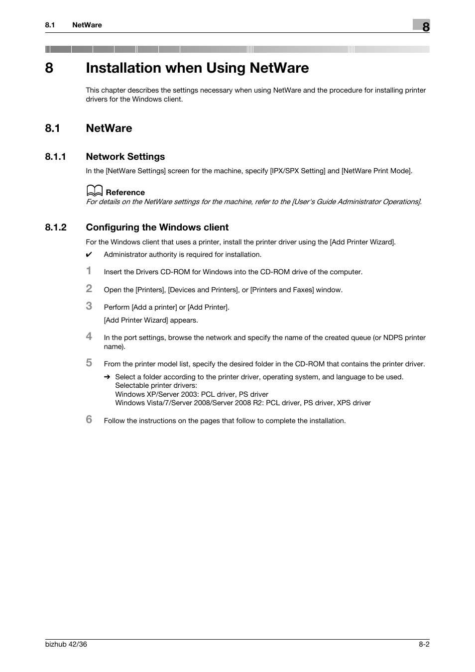 8 installation when using netware, 1 netware, 1 network settings | 2 configuring the windows client, Installation when using netware, Netware -2, Network settings -2, Configuring the windows client -2, 8installation when using netware | Konica Minolta bizhub 36 User Manual | Page 81 / 198