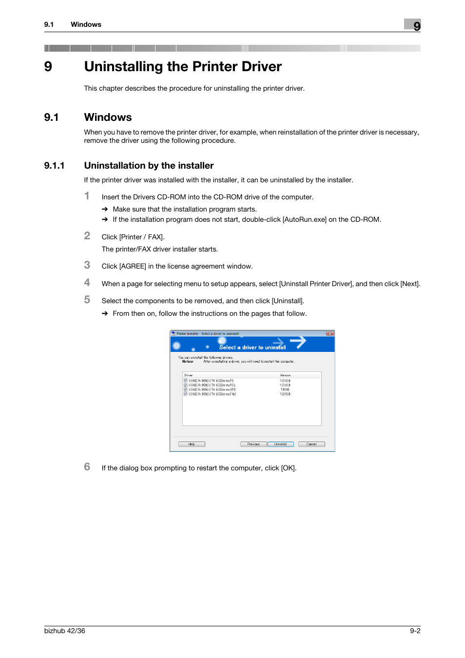 9 uninstalling the printer driver, 1 windows, 1 uninstallation by the installer | Uninstalling the printer driver, Windows -2, Uninstallation by the installer -2, 9uninstalling the printer driver | Konica Minolta bizhub 36 User Manual | Page 83 / 198