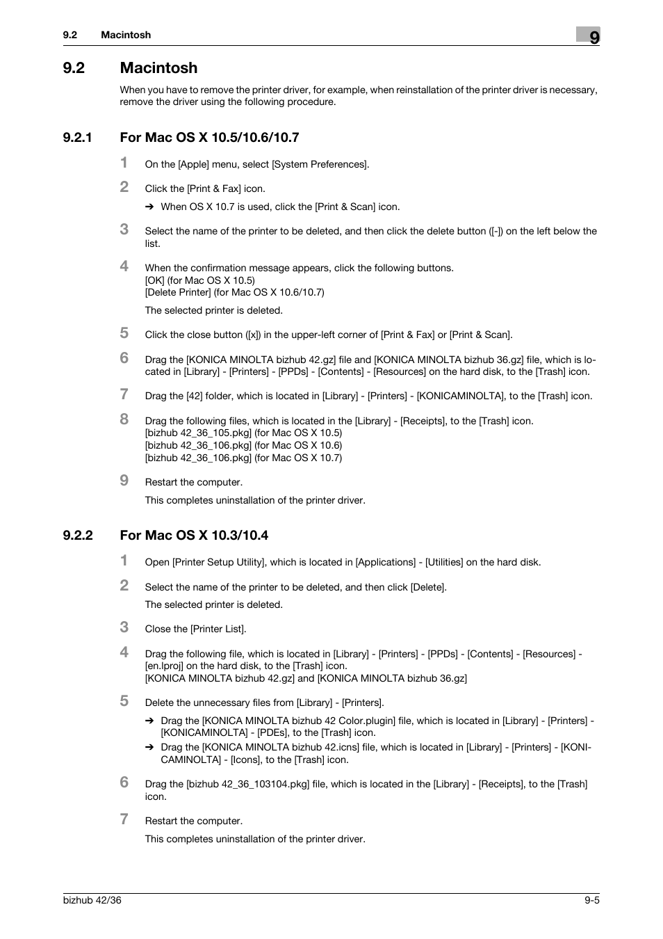 2 macintosh, 1 for mac os x 10.5/10.6/10.7, 2 for mac os x 10.3/10.4 | Macintosh -5, For mac os x 10.5/10.6/10.7 -5, For mac os x 10.3/10.4 -5 | Konica Minolta bizhub 36 User Manual | Page 86 / 198