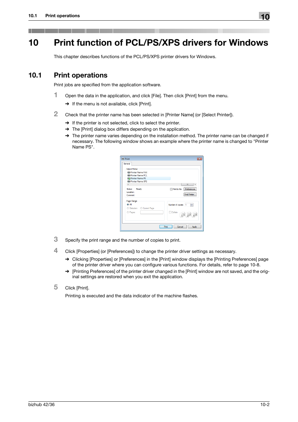 1 print operations, Print function of pcl/ps/xps drivers for windows, Print operations -2 | Konica Minolta bizhub 36 User Manual | Page 89 / 198