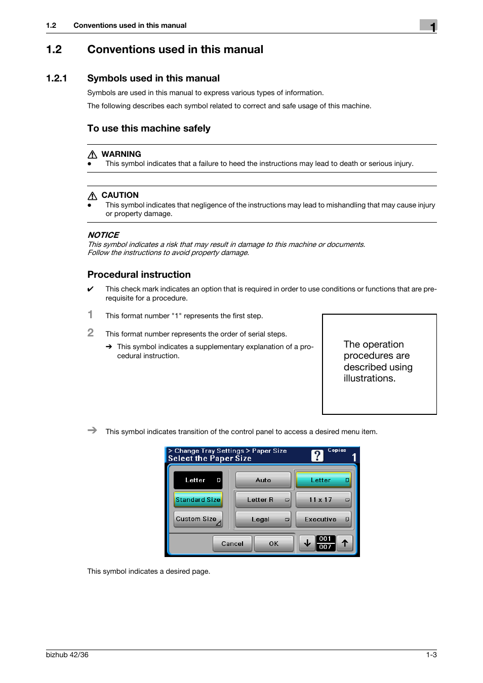 2 conventions used in this manual, 1 symbols used in this manual, To use this machine safely | Procedural instruction, Conventions used in this manual -3 | Konica Minolta bizhub 36 User Manual | Page 9 / 198