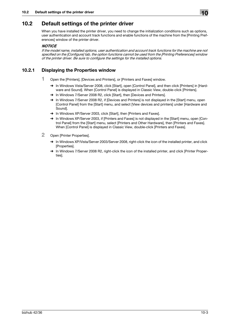 2 default settings of the printer driver, 1 displaying the properties window, Default settings of the printer driver -3 | Displaying the properties window -3 | Konica Minolta bizhub 36 User Manual | Page 90 / 198