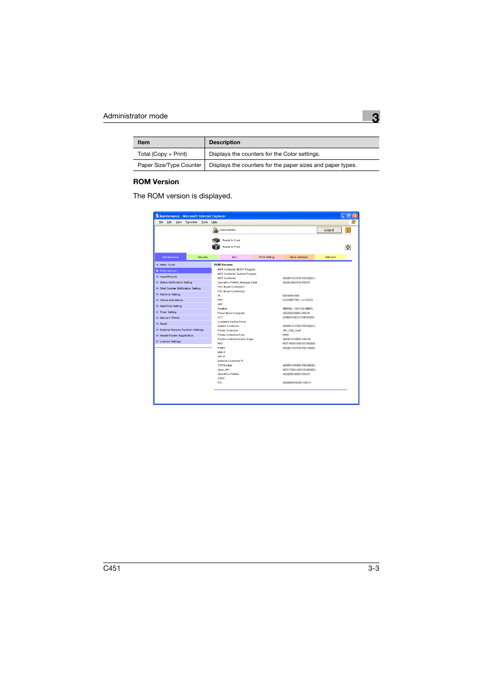 Rom version, Rom version -3 | Konica Minolta bizhub C451 User Manual | Page 112 / 246