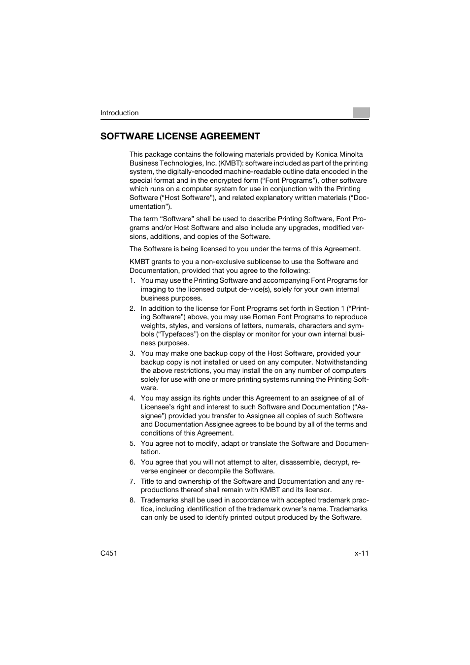 Software license agreement | Konica Minolta bizhub C451 User Manual | Page 12 / 246