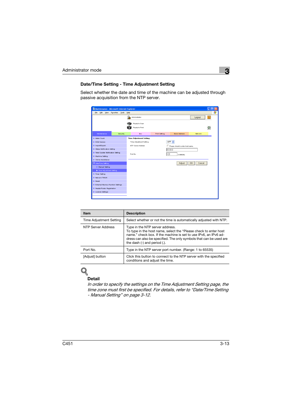 Date/time setting - time adjustment setting, Date/time setting - time adjustment setting -13 | Konica Minolta bizhub C451 User Manual | Page 122 / 246