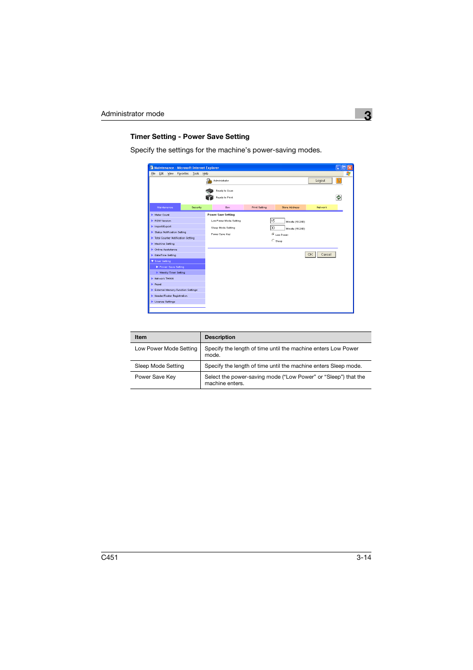 Timer setting - power save setting, Timer setting - power save setting -14 | Konica Minolta bizhub C451 User Manual | Page 123 / 246