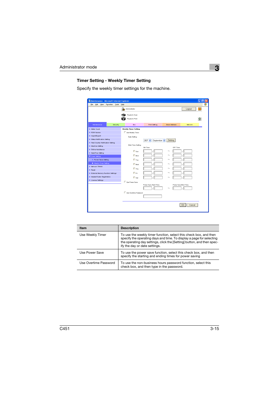 Timer setting - weekly timer setting, Timer setting - weekly timer setting -15 | Konica Minolta bizhub C451 User Manual | Page 124 / 246