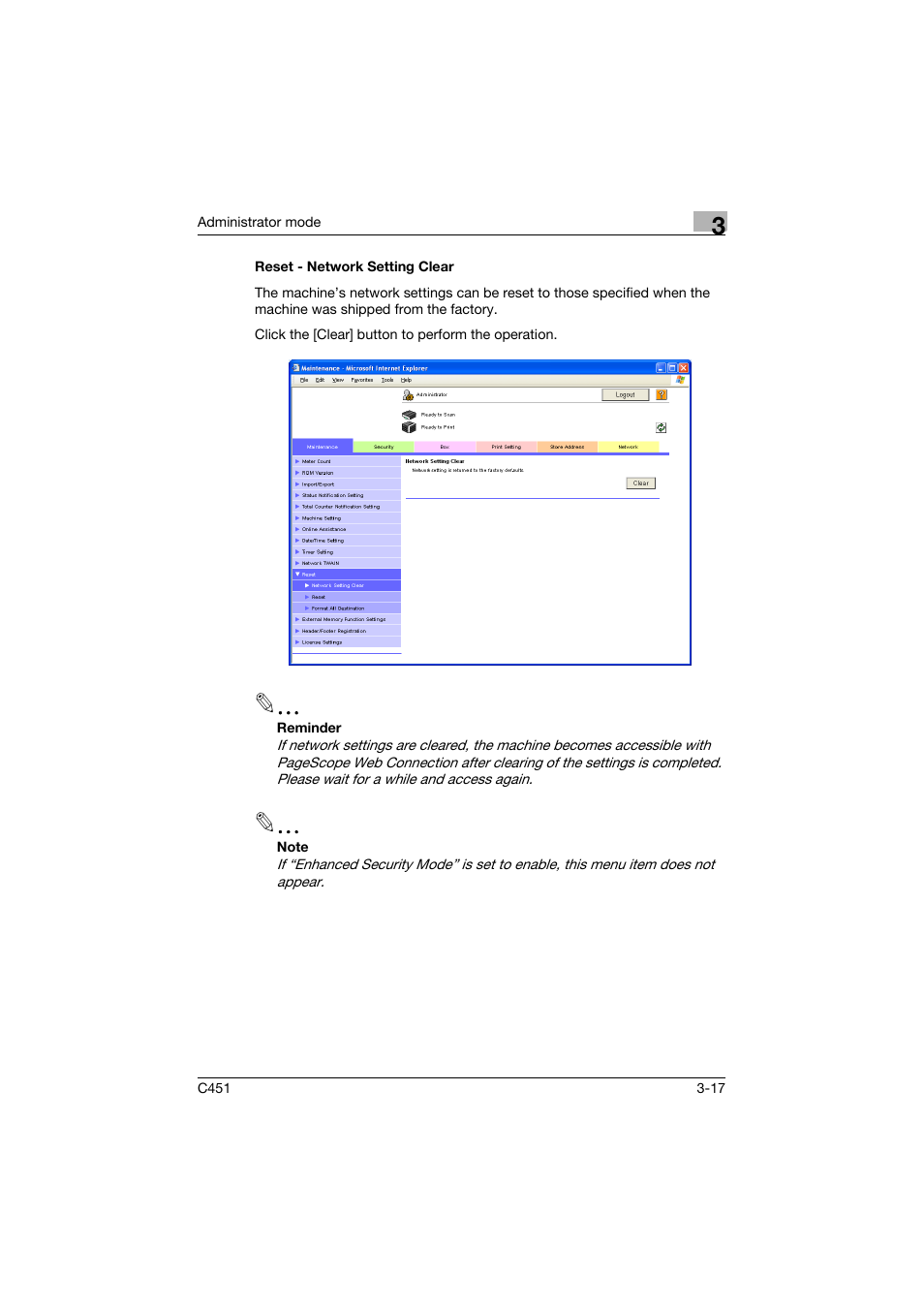 Reset - network setting clear, Reset - network setting clear -17 | Konica Minolta bizhub C451 User Manual | Page 126 / 246