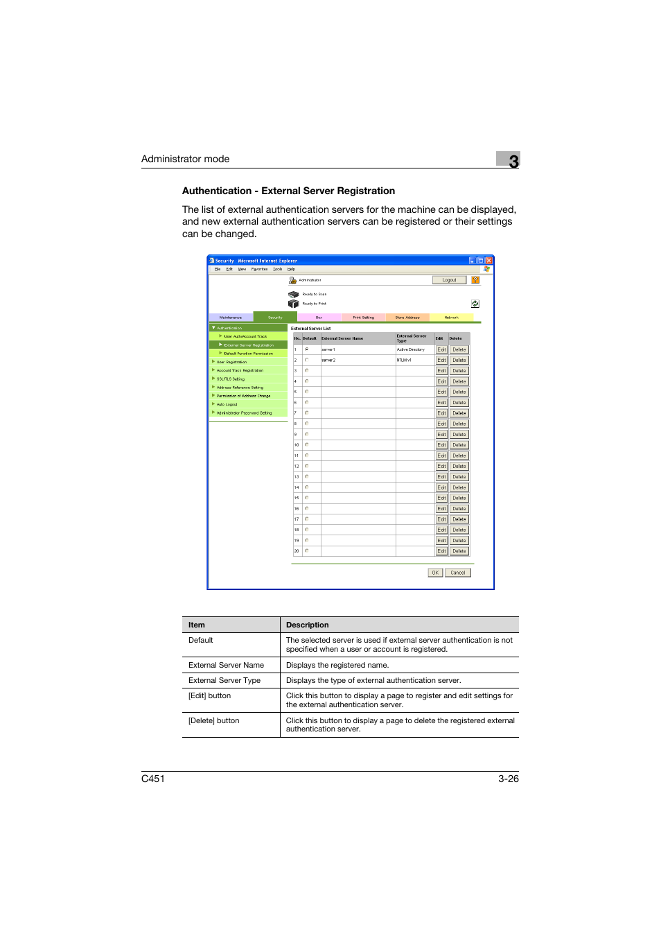 Authentication - external server registration, Authentication - external server registration -26 | Konica Minolta bizhub C451 User Manual | Page 135 / 246