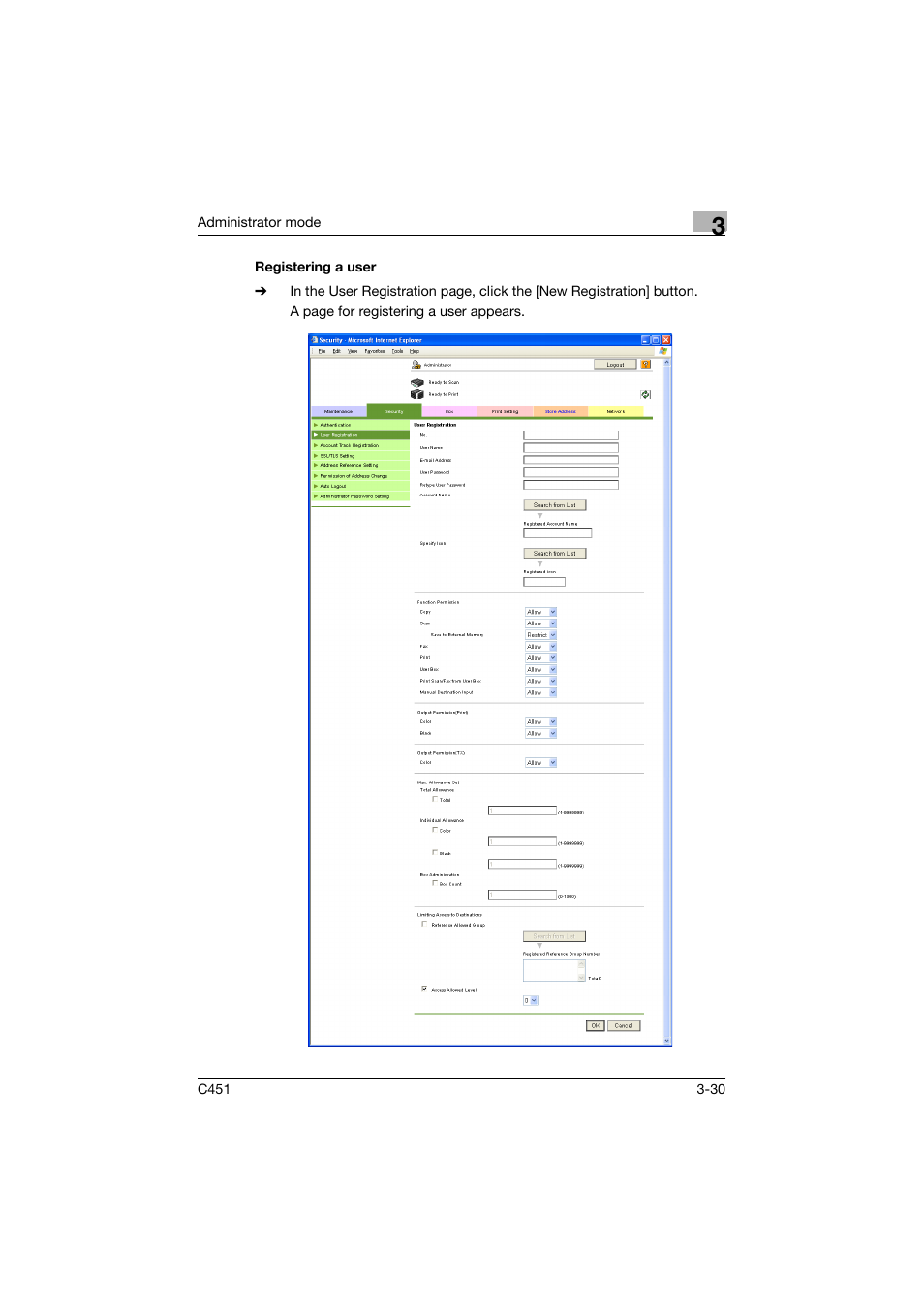 Registering a user, Registering a user -30 | Konica Minolta bizhub C451 User Manual | Page 139 / 246