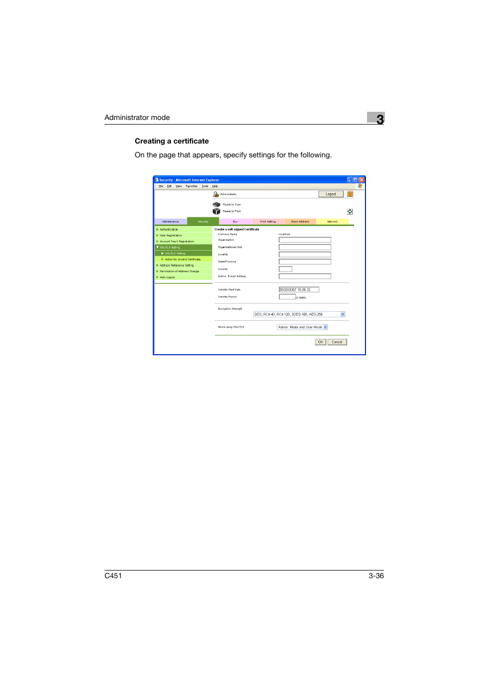 Creating a certificate, Creating a certificate -36 | Konica Minolta bizhub C451 User Manual | Page 145 / 246