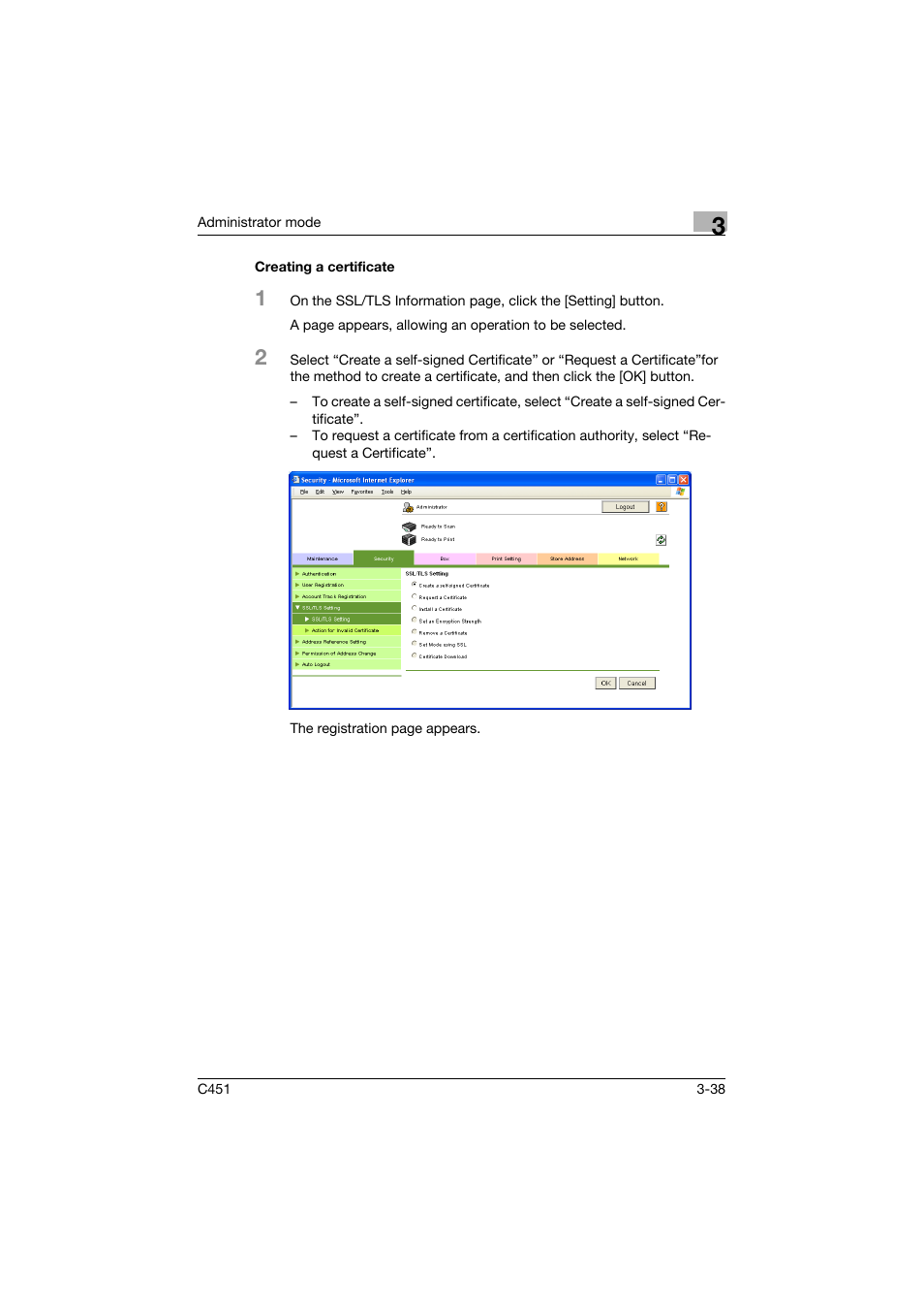 Creating a certificate, Creating a certificate -38 | Konica Minolta bizhub C451 User Manual | Page 147 / 246