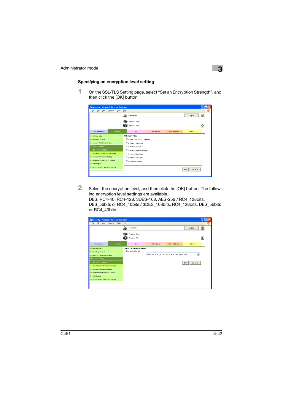 Specifying an encryption level setting, Specifying an encryption level setting -42 | Konica Minolta bizhub C451 User Manual | Page 151 / 246