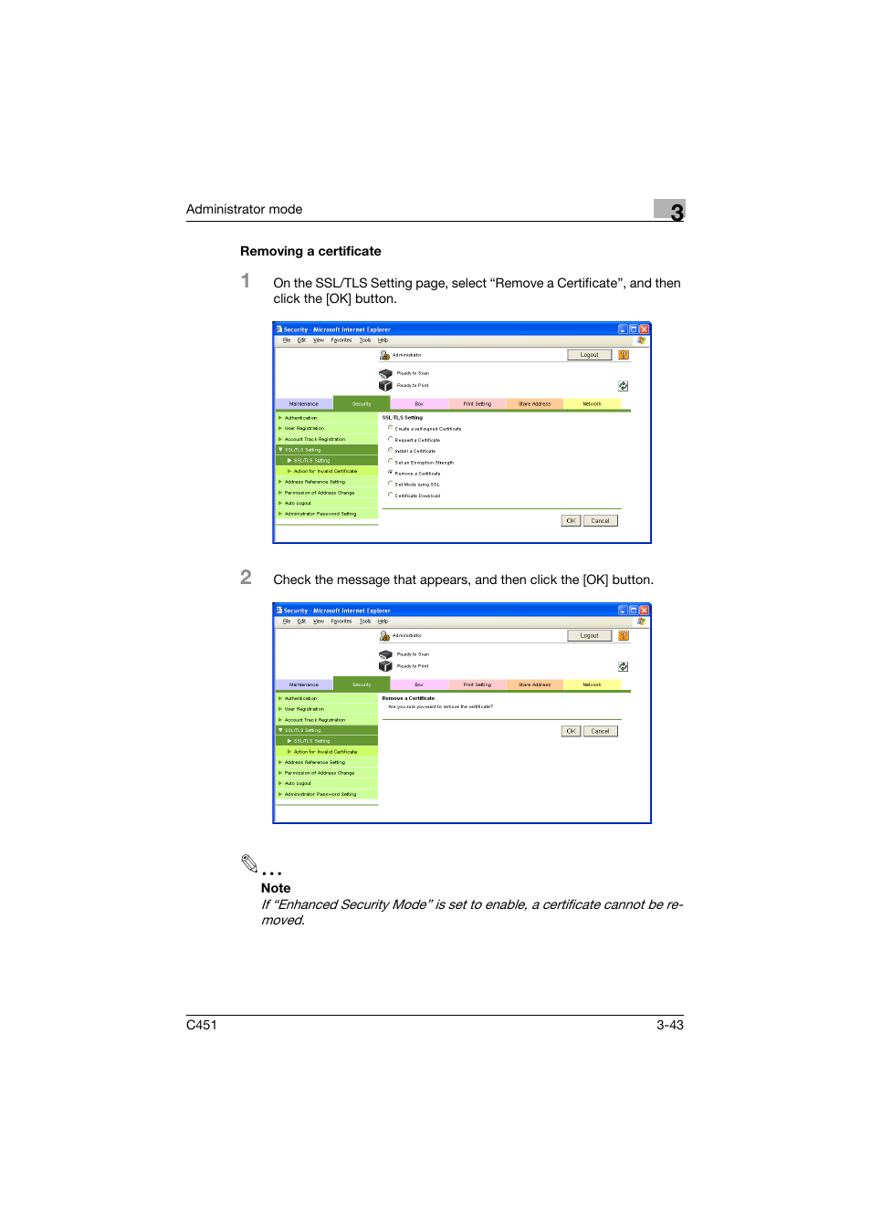 Removing a certificate, Removing a certificate -43 | Konica Minolta bizhub C451 User Manual | Page 152 / 246