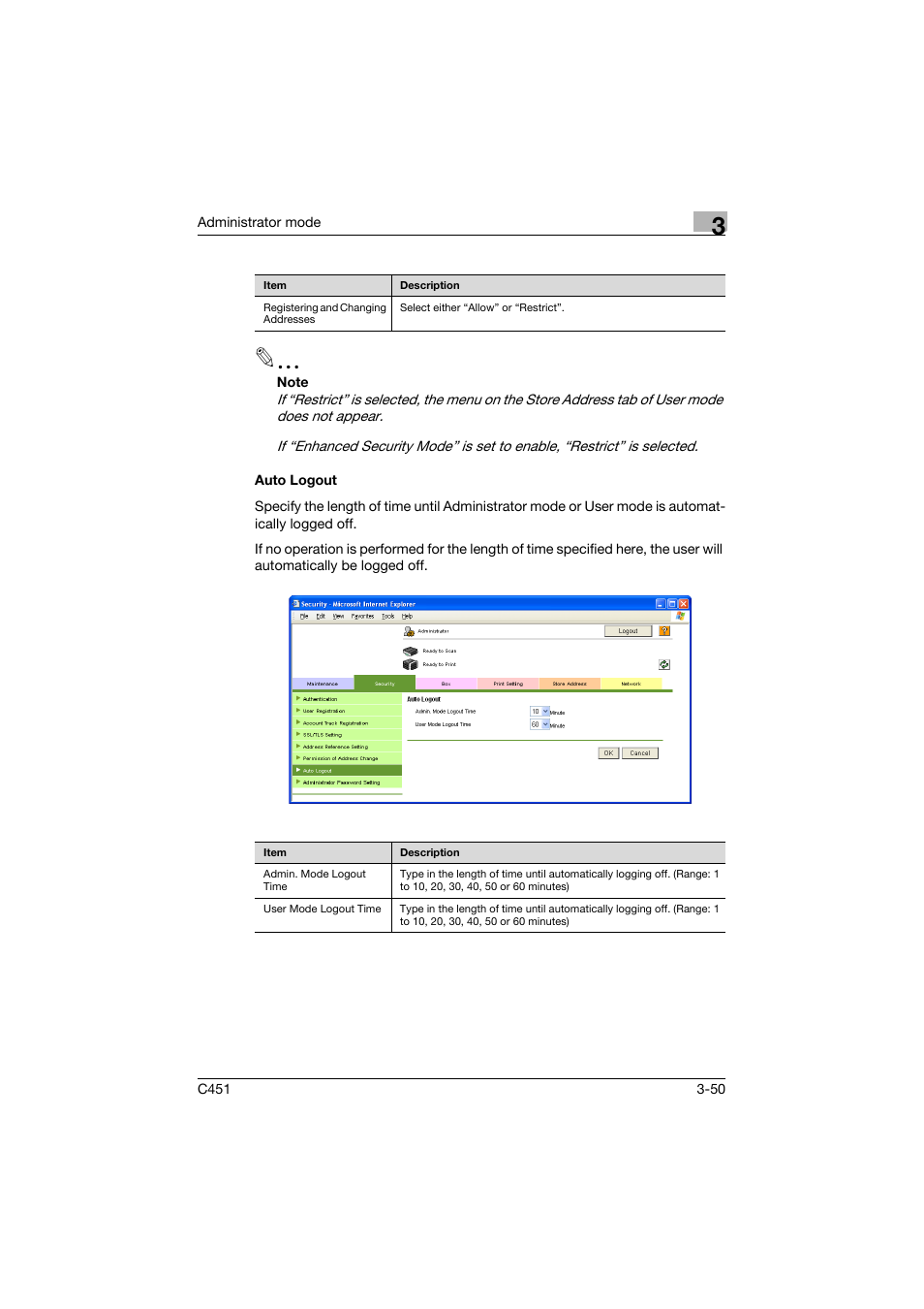 Auto logout, Auto logout -50 | Konica Minolta bizhub C451 User Manual | Page 159 / 246