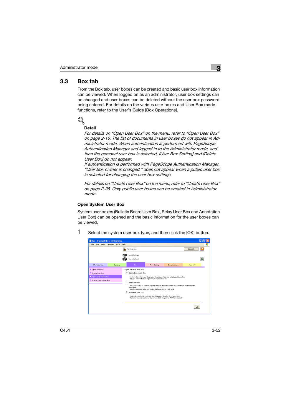 3 box tab, Open system user box, Box tab -52 | Open system user box -52 | Konica Minolta bizhub C451 User Manual | Page 161 / 246