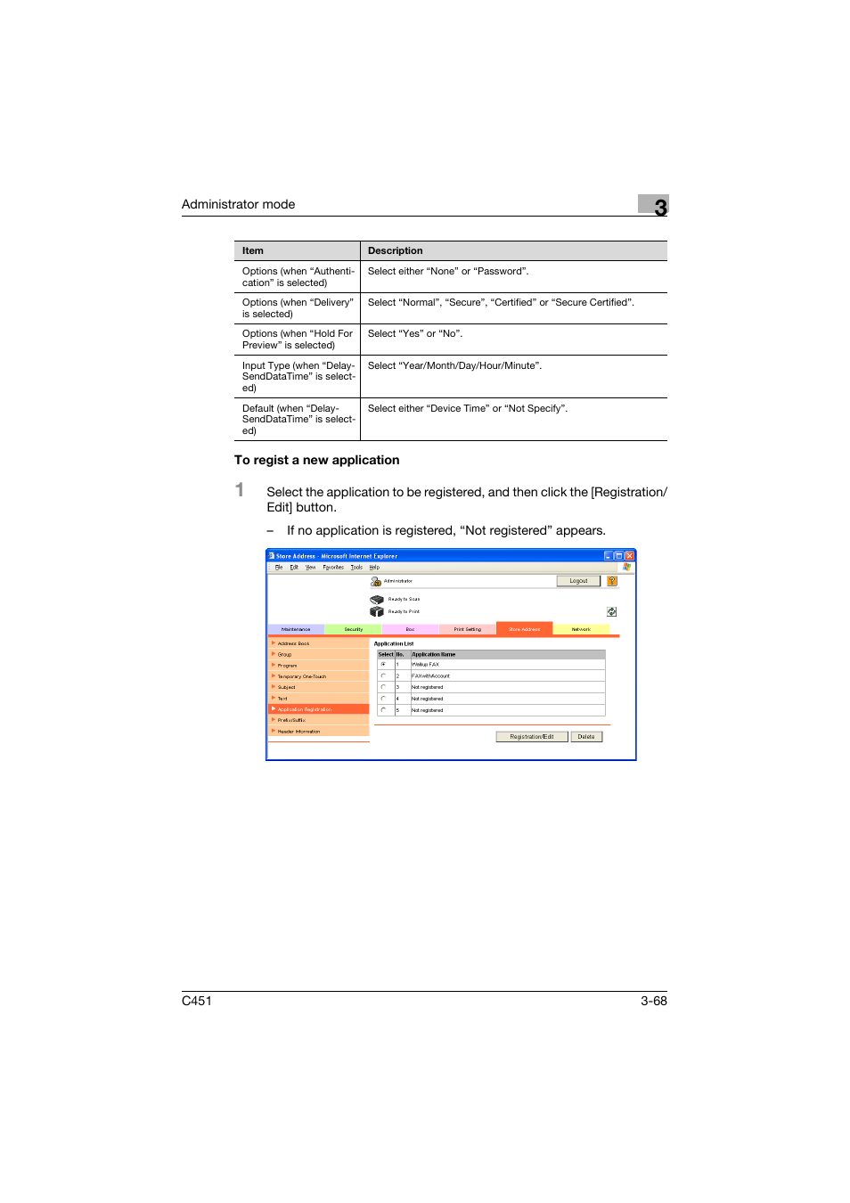 To regist a new application, To regist a new application -68 | Konica Minolta bizhub C451 User Manual | Page 177 / 246