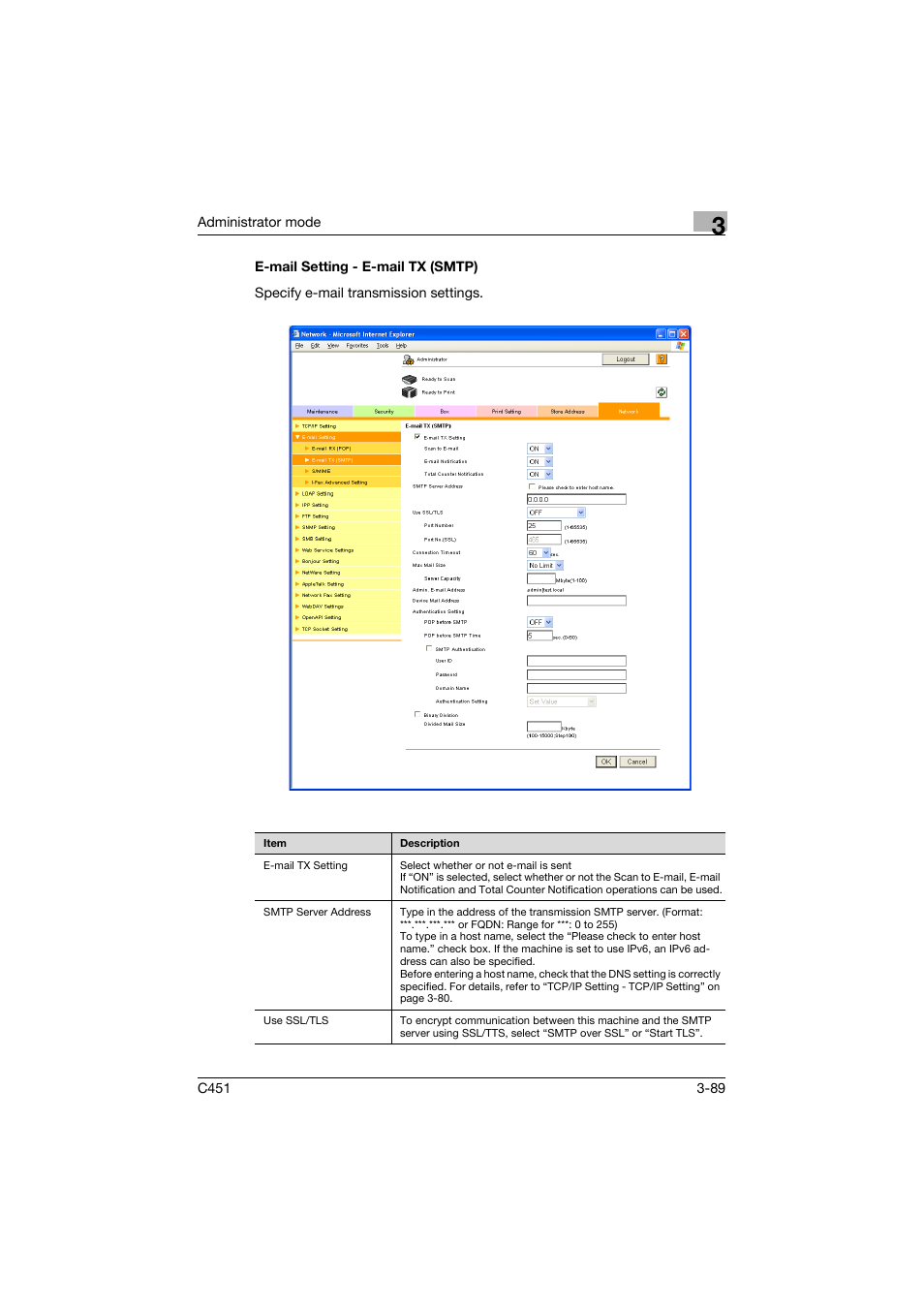 E-mail setting - e-mail tx (smtp), E-mail setting - e-mail tx (smtp) -89 | Konica Minolta bizhub C451 User Manual | Page 198 / 246