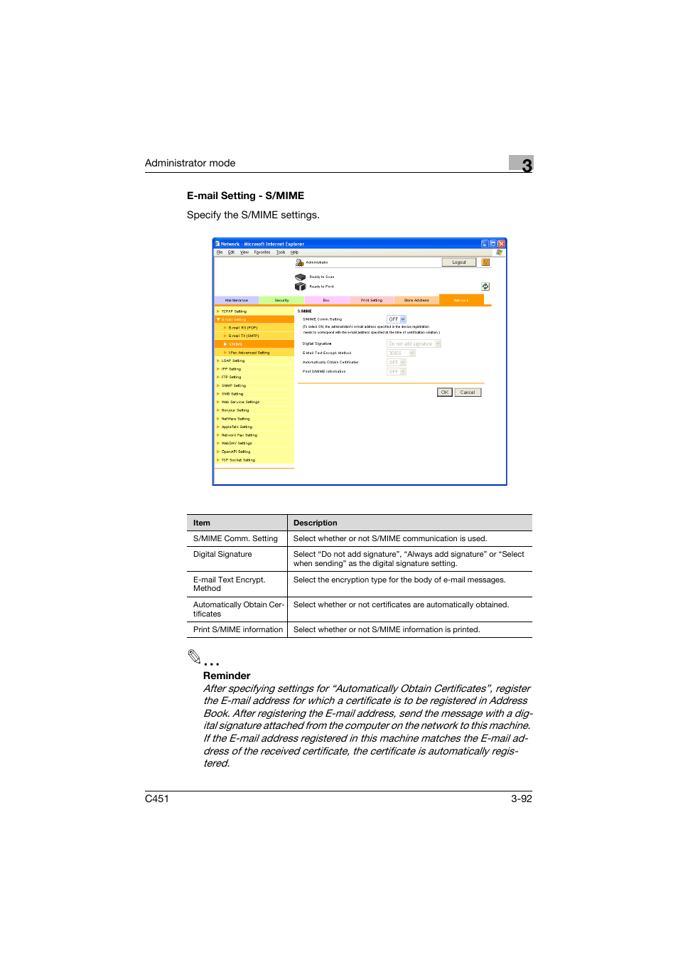 E-mail setting - s/mime, E-mail setting - s/mime -92 | Konica Minolta bizhub C451 User Manual | Page 201 / 246
