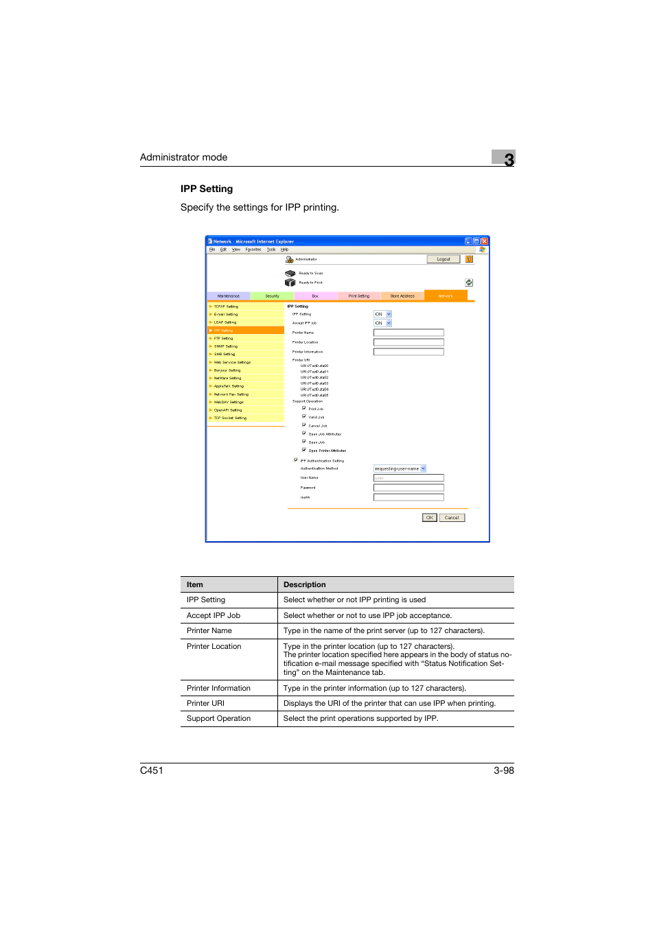 Ipp setting, Ipp setting -98 | Konica Minolta bizhub C451 User Manual | Page 207 / 246