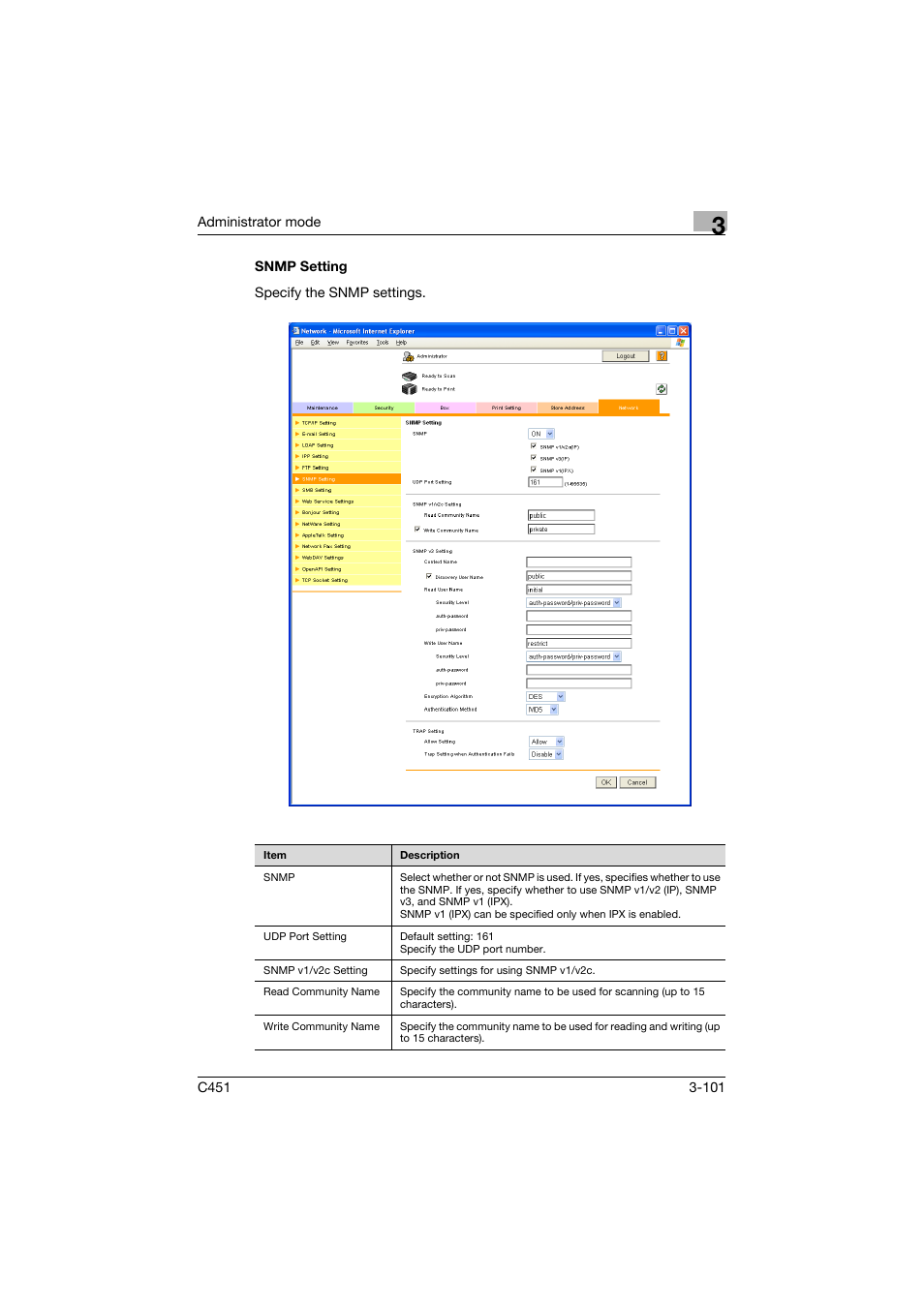 Snmp setting, Snmp setting -101 | Konica Minolta bizhub C451 User Manual | Page 210 / 246